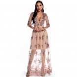 Golden Long Sleeve V-Neck Sequins Mesh Women Maxi Dress