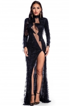 Black Black Long Sleeve Mesh Sequins Women Sexy Maxi Dress