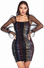 Black Mesh Long Sleeve Fashion Sequins Mini Dress