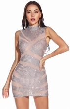 Beige Sleeveless Mesh Sequins Bodycons Mini Dress