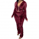 WineRed Long Sleeve Zipper 2PCS Velvet Women Jumpsuit