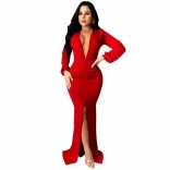 Red Long Sleeve Deep V-Neck Women Bodycon Maxi Dress