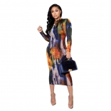 Blue Long Sleeve Printed Women Bodycon Midi Dress