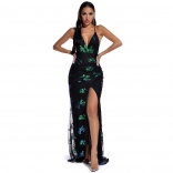 Green Halter V-Neck Sleeveless Sequins Sexy Maxi Dress