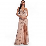 Beige Halter V-Neck Sleeveless Sequins Sexy Maxi Dress