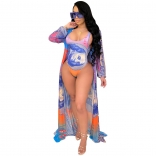 Blue Long Sleeve Mesh Printed 2PCS Women Bikini Wear