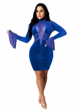 Blue Mesh Long Sleeve Velvet Women Mini Dress