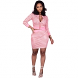 Pink Long Sleeve Zipper V-Neck Printed Women OL Dress