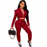 Red Long Sleeve Zipper V-Neck 2PCS Women Jumpsuit