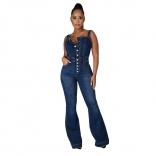 Blue Sleeveless Halter Women Jeans Jumpsuit