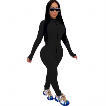Black Long Sleeve Zipper Bodycons Women Jumpsuit