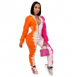 Orange Long Sleeve Zipper Deep V-Neck Printed Jumpsuit Dress