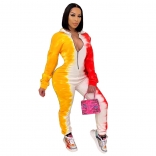 Yellow Long Sleeve Zipper Deep V-Neck Printed Jumpsuit Dress