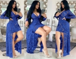 Blue Long Sleeve Lace Hollow-out Jumpsuit Maxi Dress