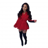 Red Long Sleeve V-Neck 2PCS Women Fashion Coat