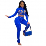 Blue Long Sleeve Hollow-out 2PCS Women Bandage Jumpsuit