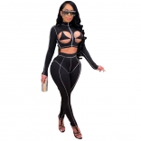 Black Long Sleeve Hollow-out 2PCS Women Bandage Jumpsuit