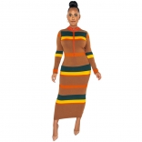 Orange Long Sleeve Zipper Women Fashion Midi Dress