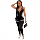 Black Sleeveless Halter Zipper V-Neck Bodycons Sexy Jumpsuit