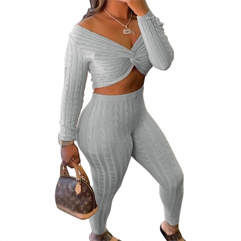 Grey Long Sleeve Low-Cut V-Neck Women Fashion Jumpsuit