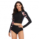 Black Long Sleeve Printed Surfing Swimwear