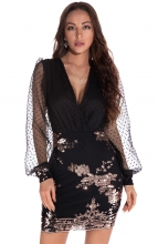 Black Long Sleeve Low-Cut Sequins Bodycons Mini Dress