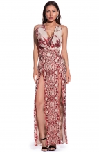 Red Sleeveless V-Neck Sequins Slited Maxi Dress