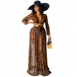 Khaki Leopard V-Neck Printed Long Sleeve Maxi Dress