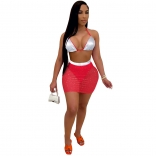 Red Sleeveless Mesh Sequins Women 3PCS Sexy Mini Dress