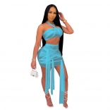 SkyBlue Sleeveless Mesh 2PCS Sexy Club Bandage Mini Dress