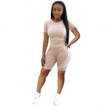 Khaki Short Sleeve O-Neck 2PCS Women Sports Jumpsuit