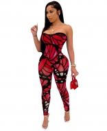 Red Off-Shoulder Low-Cut Printed Women Sexy Jumpsuit