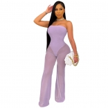 Purple Off-Shoulder Mesh Women Sexy Jumpsuit