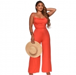 Orange Sleeveless Back Hollow-out Halter Women Jumpsuit