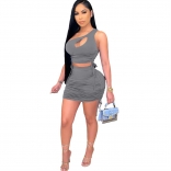 Grey Sleeveless Halter Pleating 2PCS Women Sexy Bodycon Dres