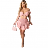 Pink Off-Shoulder V-Neck 2PCS Women Skirt Dress