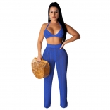 Blue Halter Bras Knitting Hollow-out Sexy Women Jumpsuit