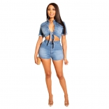 Blue Short Sleeve Jeans V-Neck Women Short Sets