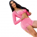 Pink Long Sleeve Knitting Underwear Sexy 3PCS Pant Sets