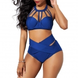 Blue Halter Bandage High Waist Swimwear