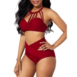 Red Halter Bandage High Waist Swimwear