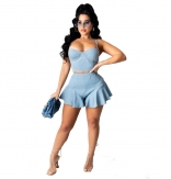LightBlue Sleeveless Halter Low-Cut V-Neck Jeans Skirt Sets