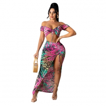 RoseRed Off-Shoulder V-Neck Women Sexy Printed Dress