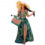 Green Halter Bandage V-Neck Printed Women Maxi Dress