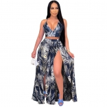 Grey Sleeveless V-Neck Printed 2PCS Women Maxi Dress