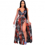 Red Sleeveless V-Neck Printed 2PCS Women Maxi Dress