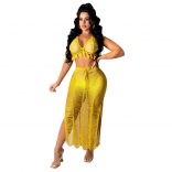 Yellow Sleeveless V-Neck Knitting Nets Bandage Long Dress