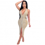 Beige Sleeveless Deep V-Neck Rainstones Sexy Maxi Dress