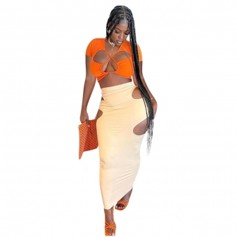 Orange Short Sleeve Lace-up 2PCS Hollow-out Bandage Midi Dress