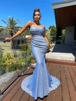 Blue Sleeveless Halter Boat-Neck Silk Girding Women Maxi Evening Dress